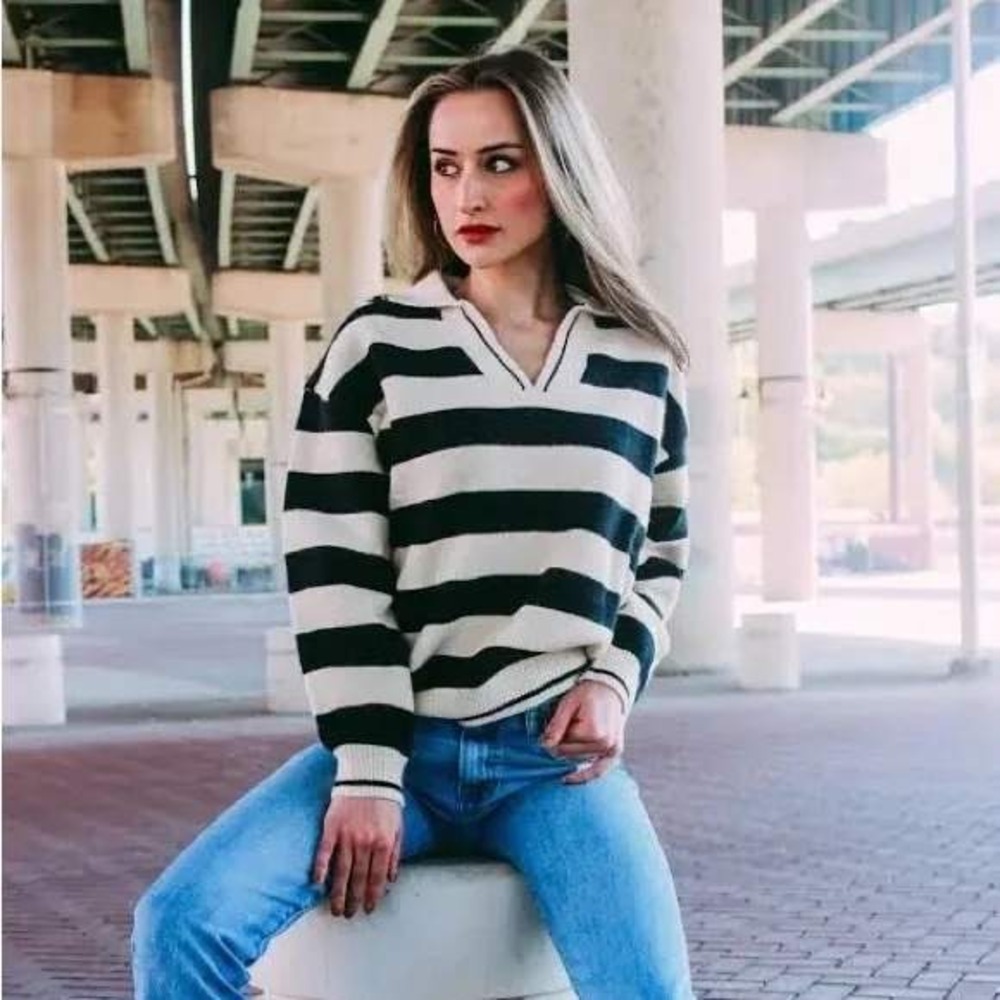 NWT‎ FRNCH Mika Striped Crop Collared V Neck Sweater Black Ivory M